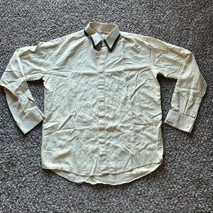 100% Silk Angelino Cream & Black Men Large Collared Button-up Long Sleeve Shirt